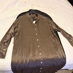 Banana Republic 100% Silk LS Dress, Brown Geometric Pattern